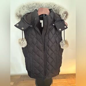 LOFT Black Quilted Vest with Faux Fur Pom Poms